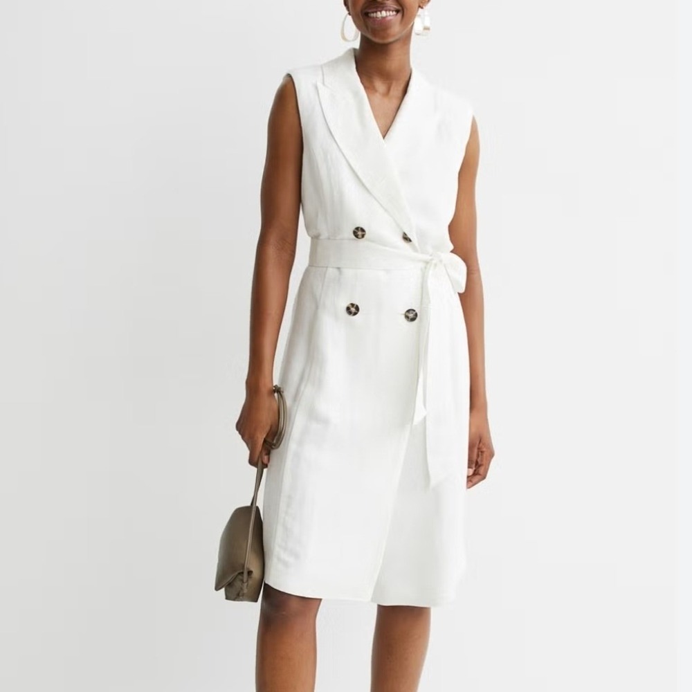 H&M Linen Blend Sleeveless Cream Double Breasted Belted Midi Dress Large